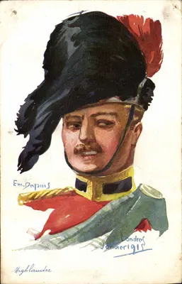 Soldat Highlanders — portrait en uniforme avec plume rouge — dessiné par Em. Daplaudis et signé Londros Janvier 1915