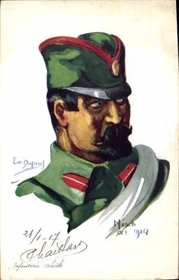 Serbischer Soldat — militärisches Portrait — Em. Dupuy, Nisch okt 1914
