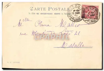 Mulher em vestido rosa com carneiros — editor M.M. VIENNE — número de série não visível — Verso