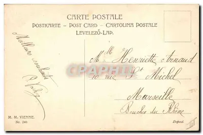 Dos mujeres en traje de la época — En Camino hacia un Año Feliz! — M. M. Vienne, Nr. 240 — Reverso