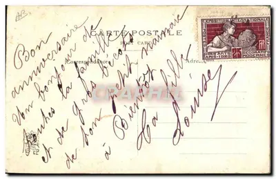Aniversario — motivo bordado con houppelande y trébol — tarjeta postal — Reverso