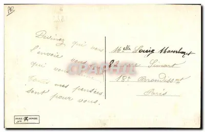 Tarjeta postal decorativa — motivo bordado con flores rosas y borlas azules — editor desconocido — Reverso