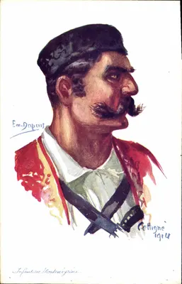 Infanteria romena — soldado em uniforme — desenho de Em. Dnpcus, editor Cettigne, 1914