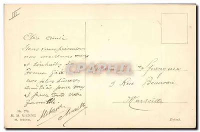 Mulher em vestido azul segurando um buquê — Feliz Aniversário — editor M. M. MUNK, n° 276 — Verso