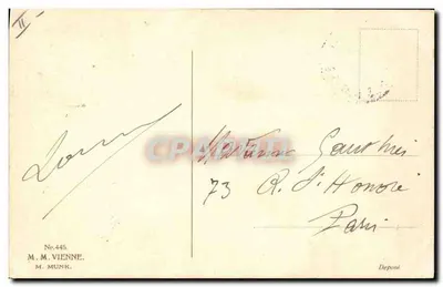 Zwei Kinder und ein Hund — ländliche Szene — Verlag M. M. MUNK, Nr. 445 — Rückseite