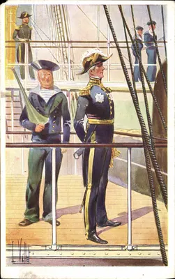 Marinheiros e oficial a bordo de um navio — ilustração de I. Vallès — n° 1.4.074