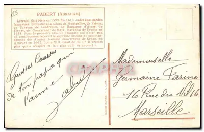 Fabert (Abraham) — Governador de Sedan — Editor L. Vallet, n° 192 — Verso