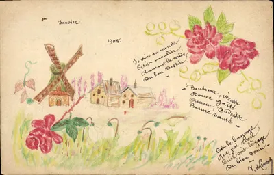 Bandoier — paisagem com moinho e rosas — desenho a água, 1905