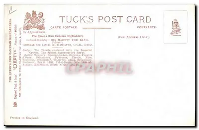 Les Cameron Highlanders — The Queen's Own — Tuck & Sons, n° 8383 — Verso
