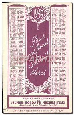 Jovens Soldados — Calendário 1939 — Comitê de Assistência aos Jovens Soldados Necessitados — Verso