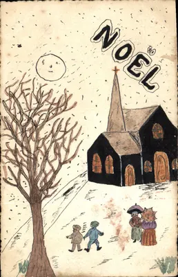 Noël — scène de neige avec église — carte postale dessinée