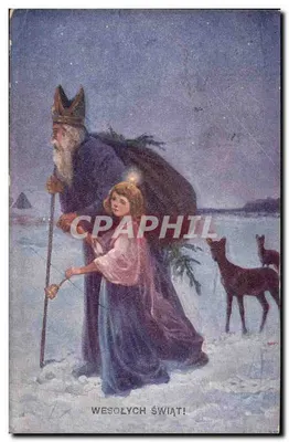 Saint Nicolas et enfant — scène hivernale avec cerfs — éditeur Władysław Cierkowski, série 12901