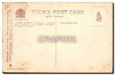 H.M.S. Benbow — Batailleur — Raphael Tuck & Sons, série XVIII, n° 4333 — Verso