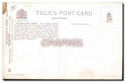 Os Guardas Reais a Cavalo, Saindo da 'Guarda do Rei' Passando pela Torre de Buckingham — Harry Payne — Tuck's Post Card, Série II — Verso