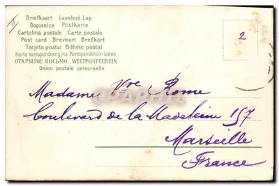 Anioł trzymający choinkę — zasnowany wioska z kościołem — wydawca Union postale universelle, n°2 — Rewers