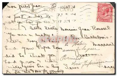Chat endormi — sur lit miniature — carte postale imprimée en Angleterre — Verso