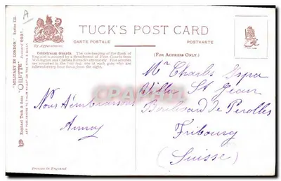 Les Gardes Coldstream — entrada na Banca da Inglaterra — Tuck & Sons, série 9081 — Verso
