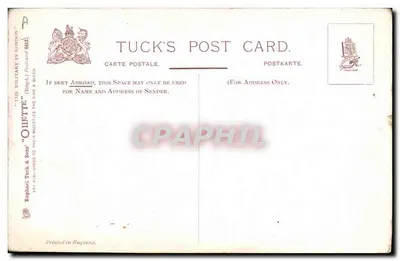 Whitehall, sentry on guard — cavalier en uniforme rouge et casque blanc à l'entrée d'un arc de pierre — éditeur Tuck & Sons — Verso