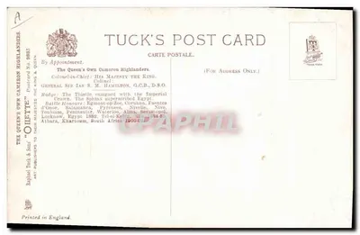 A Rainha's Own Cameron Highlanders — Oficial da Companhia e Lance-Corpo, Ordem de Treino — Raphael Tuck & Sons — Verso