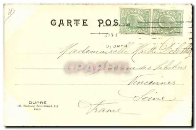 Mulher em vestido longo e chapéu — desenho — editor DUPRÉ, Paris — Verso