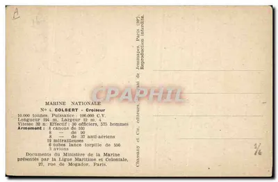 Cruzador Colbert — Salon de la Marine 1943 — Chassan et Cie, editores — Verso