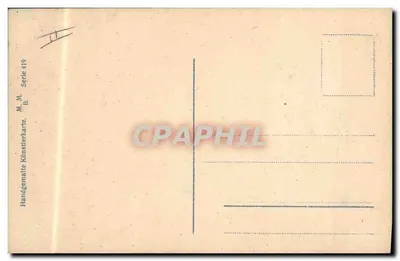 Paisagem rural com estrada e casa — cartão postal pintado à mão — M. M. Série 419 — Verso