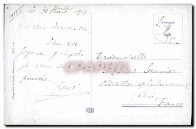 Bambini che giocano con un oca e una bambola — Paesaggio con mulino a vento — Editore Stampata, n° 1053-4 — Verso