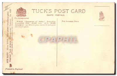 H.M.S. Emperor of India — Batalha no mar — Raphael Tuck & Sons LP — Verso