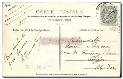 Een jong koppel van bergbewoners uit de Haute-Loire dat op paardenreis gaat naar de feestdagen van Allerheiligen in Le Puy — "LE VELAY ILLUSTRÉ" n°312, foto M.B. 1904 — Achterkant
