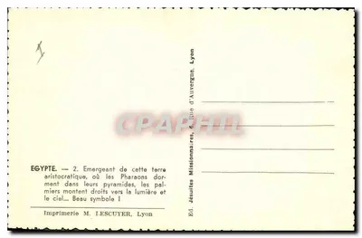 Egito — Pirâmides e palmeiras — Imprensa M. ESCUYER, Lyon — Verso