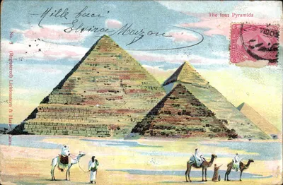 Les quatre Pyramides — vue colorisée — éditeur Lichtenstein & Haran, Cairo, n°3