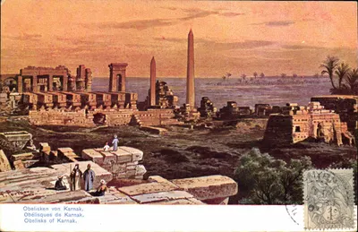 Obeliscos de Karnak — vista das ruínas e obeliscos — Editores Zachariou & Kouiry, Smyrne, série 16