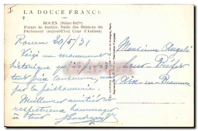 Rouen (Seine-Inférieure) — Palácio de Justiça, Sala das Sessões do Parlamento (atualmente Tribunal de Justiça) — Éditions D'ART VION, Paris — Verso