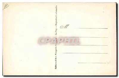 Kobietka z kapeluszem w cieniu — Starszy, bogatszy strojowy kapelusz kobiet z Cevennów — M. B. — Le Puy — Rewers