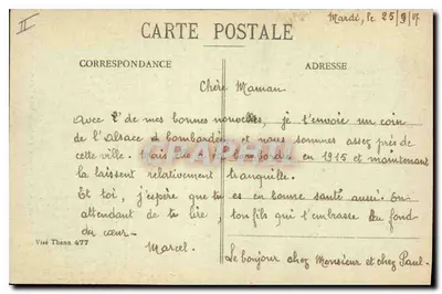 Thann - Carretera de Massevaux, bombardeada el 7 de Enero y el 10 de Marzo de 1915 — Ed. Stuber — Reverso