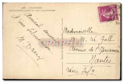 Lourdes — O Castelo-Forte e as Montanhas — Edição E. Quintin Lourdes, n°65 — Verso