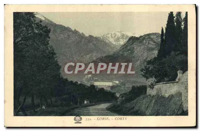 Corte, Córsega — vista da cidade e das montanhas nevadas — n° 739