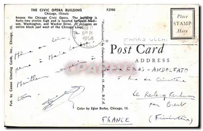 O prédio do Chicago Civic Opera — Chicago, Illinois — Pub. by Cameo Greeting Cards, Inc. — Verso