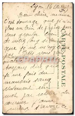 Dziecko i pies przy stole — T'EN AURAS PAS ! — Grands Magasins de la Maritaine, Paryż — Rewers