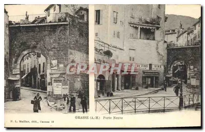 Grasse (A.M.) Porte Neuve — vue de l'arche et des commerces — P. L. Maillan, édit., Cannes 19