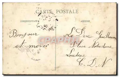 Bilhete postal antigo Moncontour de Bretagne A Igreja de São Mathurin e a Praça Penthieve — Verso