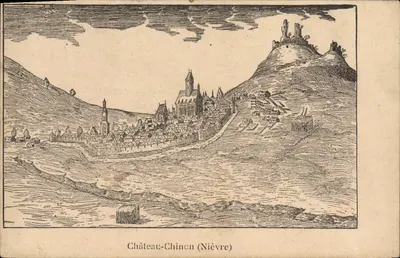 Castelo de Chinon (Nièvre) — vista panorâmica com castelo em colina — editor não identificado, número de série não visível