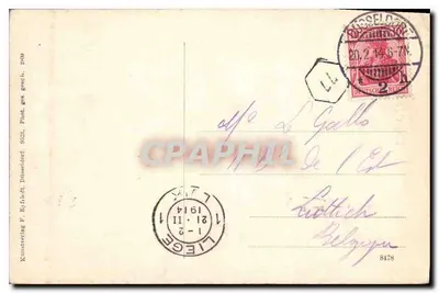 Düsseldorf w nocy — Pamiątkowy pomnik Wilhelma I — Wydawca F. Ehrlich, nr 822 — Rewers