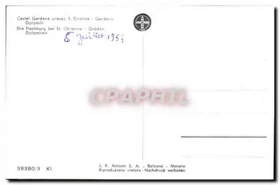 Castelo de Gardena — Dolomitas — editor J. F. Amonn, n° 38380/3 — Verso