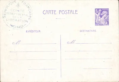 Carta postal da República Francesa — Comitê Departamental da Libertação — Norte — selo 1,20 F