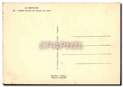 Vieille femme du Faouët au rouet — scène intérieure — éditeur G. Artouud, Nantes — Verso