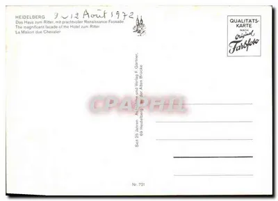 Heidelberg — Hotel Ritter — editor F. Gärmer, n° 721 — Verso