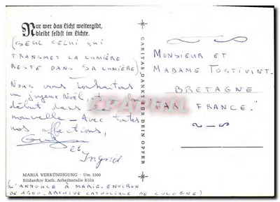 Annonce do Marii — Objawienie — wydawca Bildarchiv Kath. Arbeitsstelle Köln, nr serii 'Maria Verkündigung - Około 1500' — Rewers