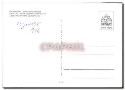 Paderborn - Capela Bartholomäuskapelle — Construída em 1017 pelos construtores bizantinos — Klocke Verlag, W 39 — Verso