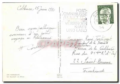 Zamek Marksburg — widok z Renu — wydawca DIE MARKSBURG — Rewers